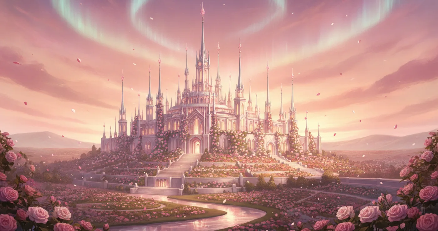 The rose-covered palace of Elarion at dawn